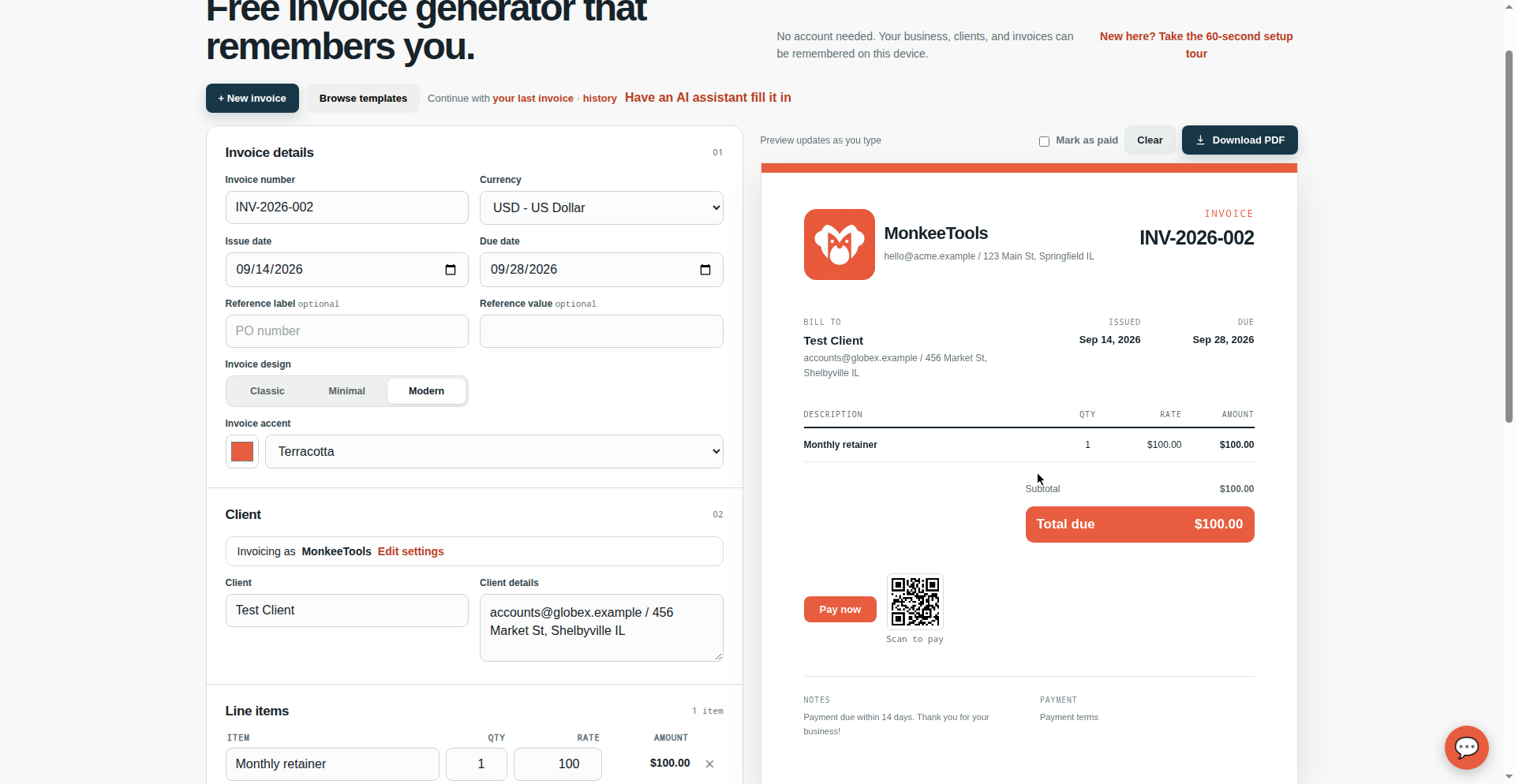 Invoice design picker with Classic, Minimal, and Modern