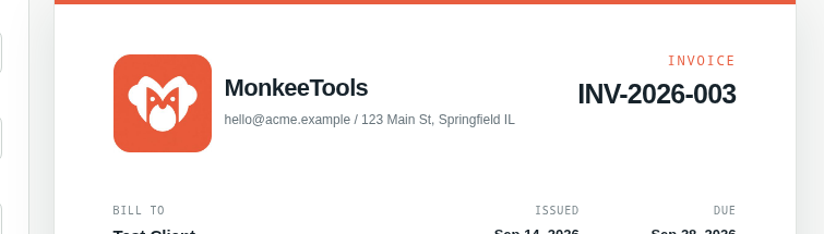 The invoice header: logo, business name, and invoice number in one clean row