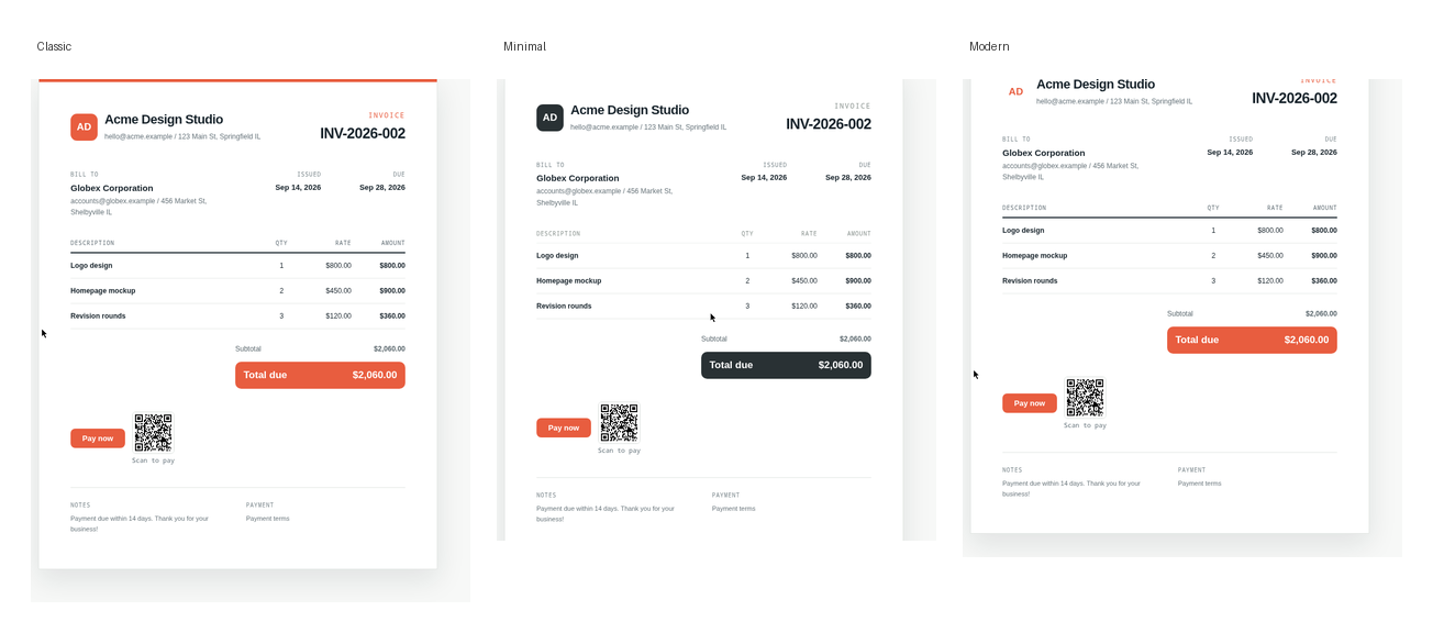 The three MonkeeTools invoice designs: Classic, Minimal, Modern