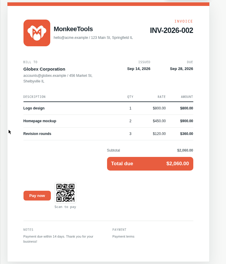 A MonkeeTools invoice with logo, Pay now button, and scan-to-pay QR code