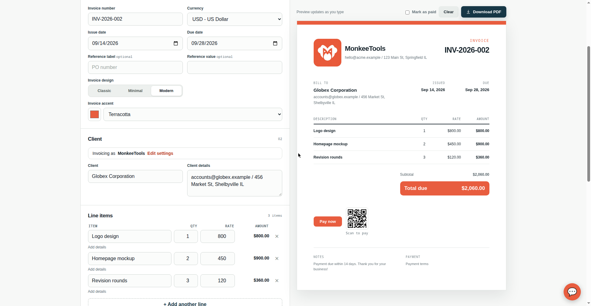 An invoice assembled from an agent link: business and client filled in, line items totaled, QR code and Pay now button ready.