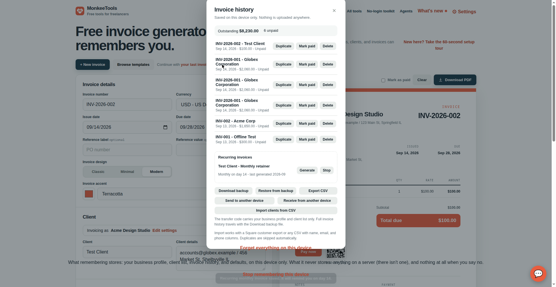 Recurring invoices: a monthly template with Generate and Stop buttons