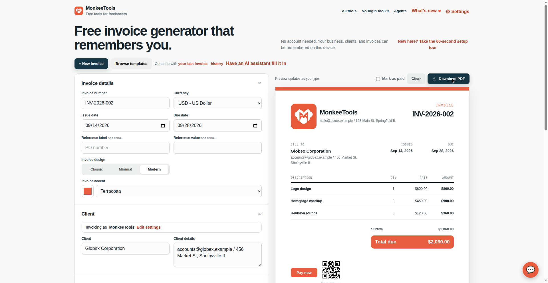 The MonkeeTools invoice generator: clean form on the left, live preview on the right