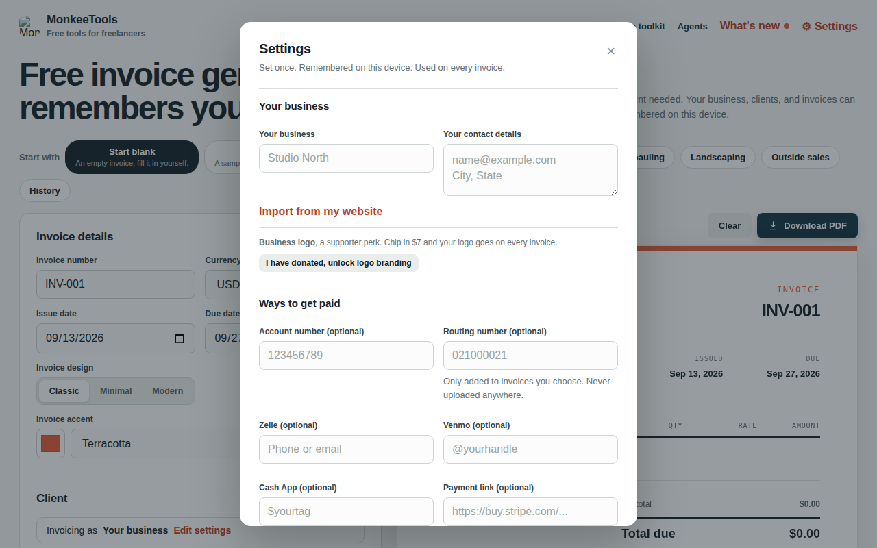 The Settings panel: business profile, payment methods, and import options